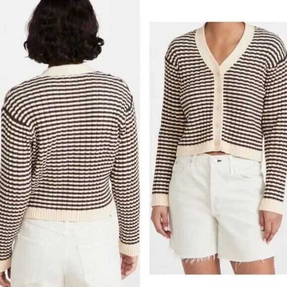 The Great. The Mini Striped Cardigan Sweater Knit Cream Woodsmoke Size 0 XS - Picture 2 of 9